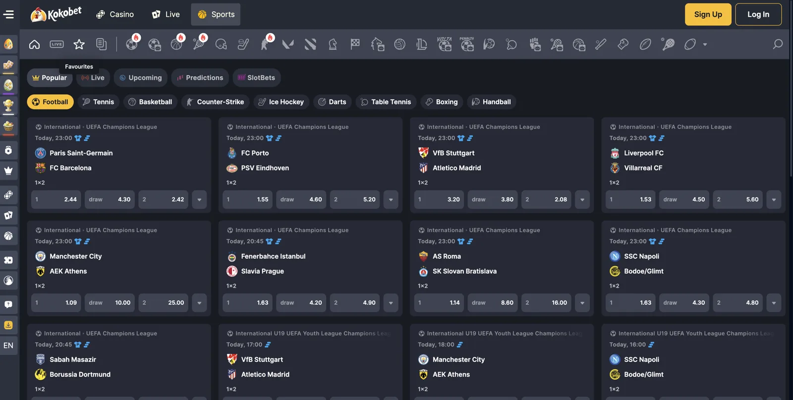 Kokobet sportsbook met Champions League wedstrijden