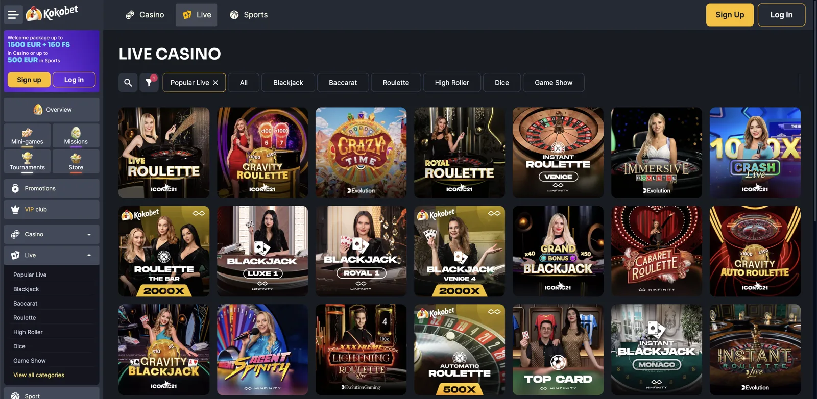 Live casino bij Kokobet